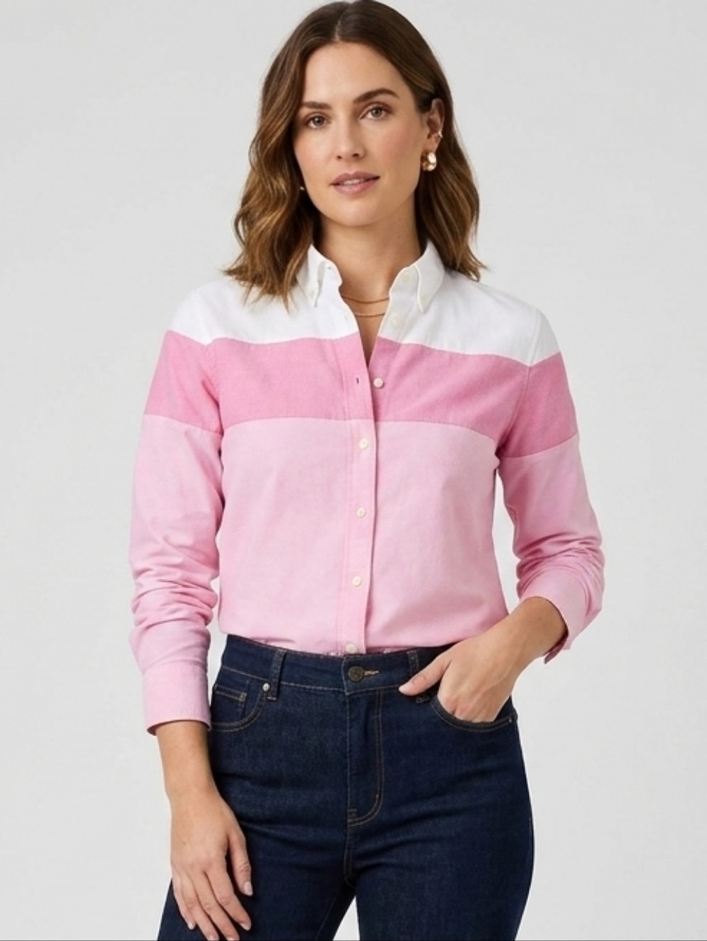 Banana Republic Oxfort White Pink Color Block Women's Button Down Shirt Size L